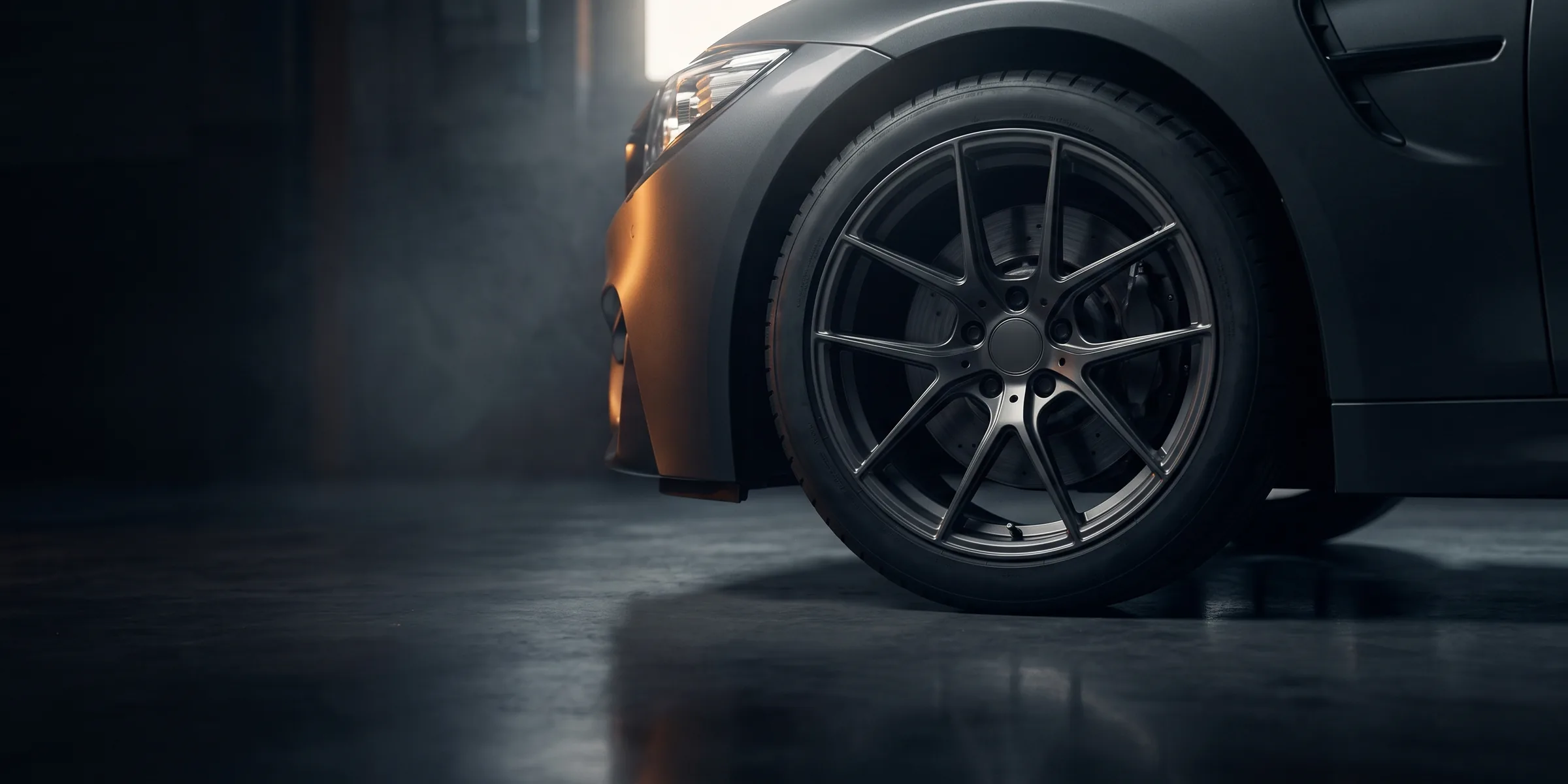 A dark alloy wheel on a car in a dim garage